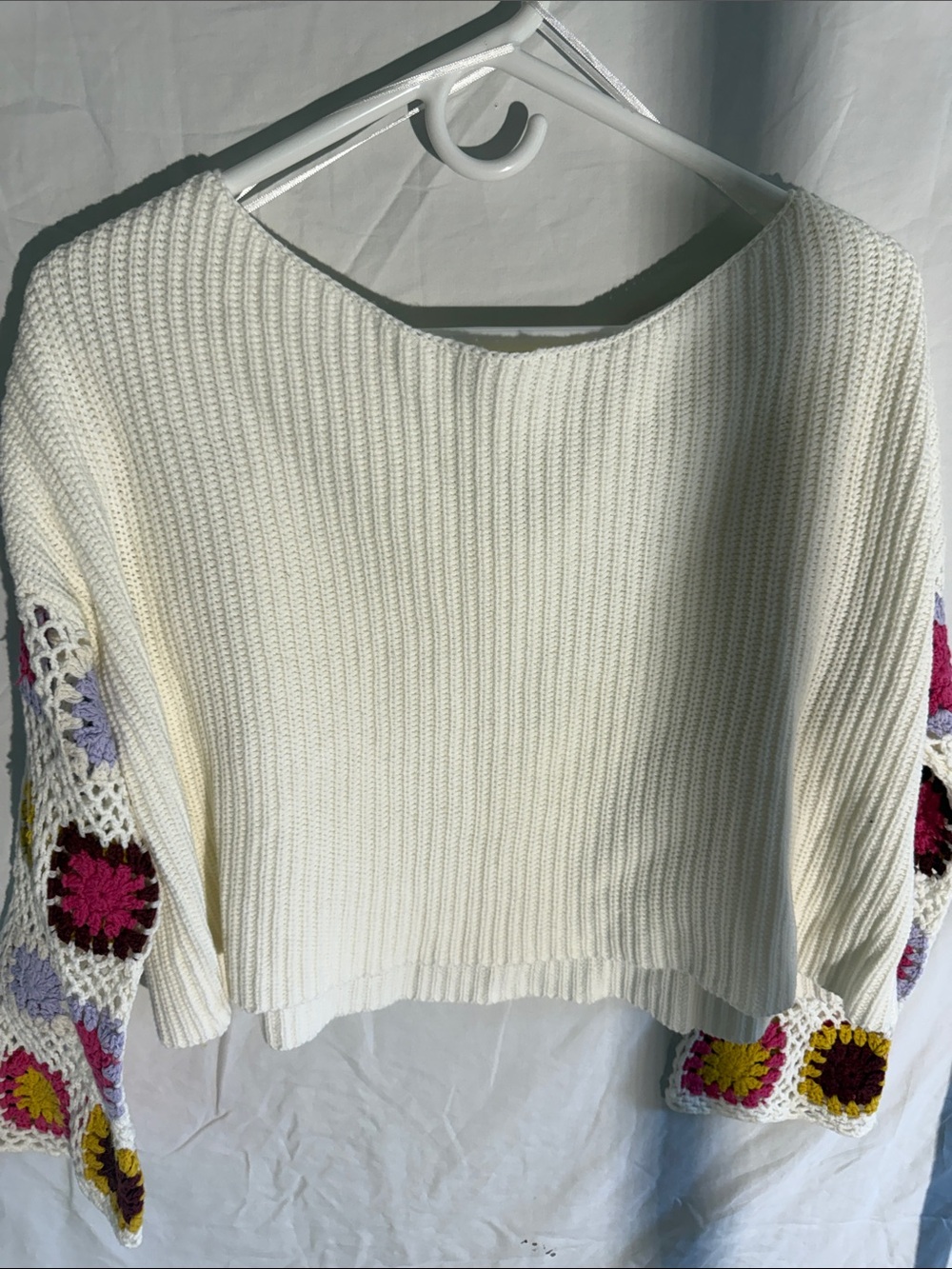 Altar’d state - Cropped Cream Knit Sweater with Crochet Floral Sleeves